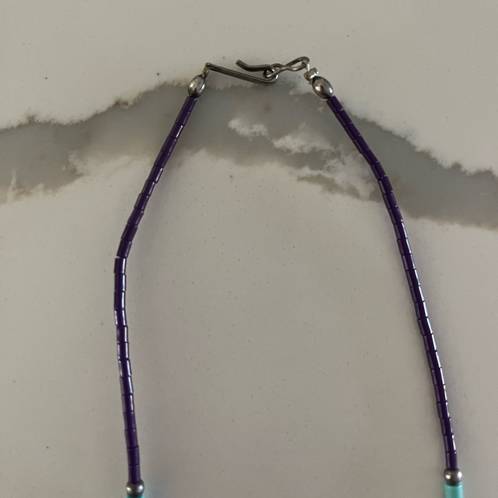 Turquoise and purple wood bead necklace - Picture 3 of 3